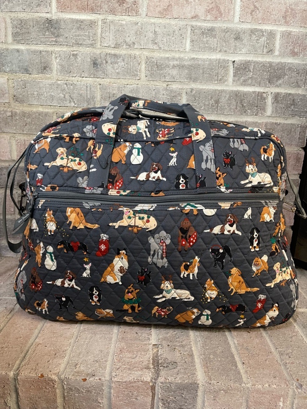 Vera Bradley Quilted Travel Bag in Dark Gray with Multicolor Dog Print